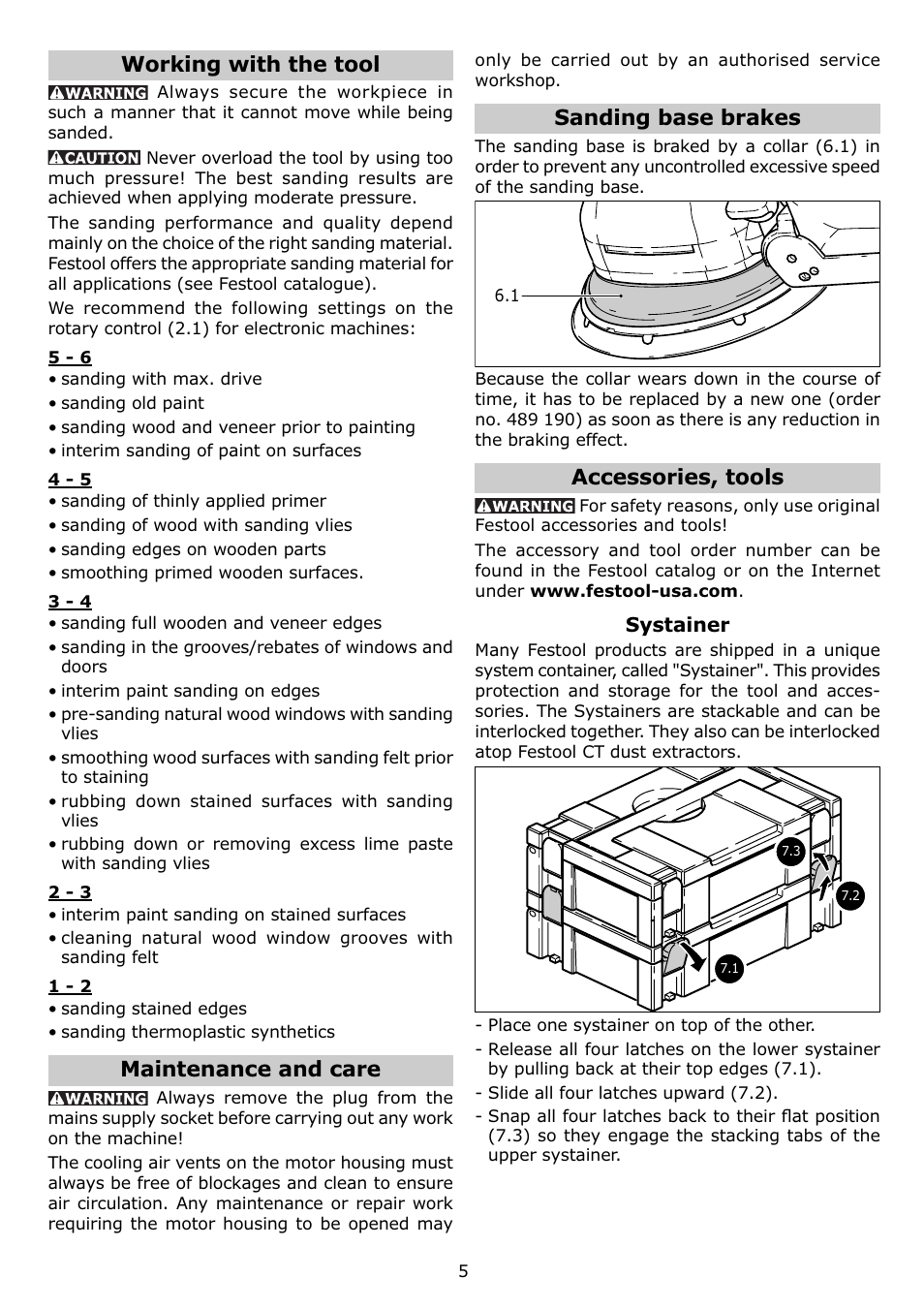 Working with the tool, Maintenance and care, Sanding base brakes | Accessories, tools | Festool ETS 125 EQ User Manual | Page 5 / 16