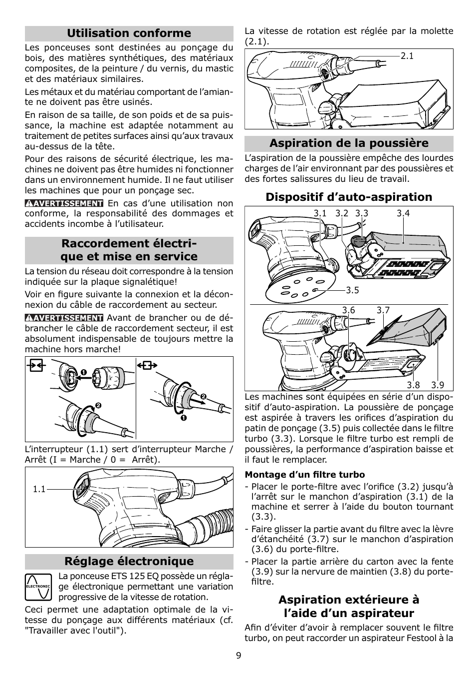 Utilisation conforme, Raccordement électri- que et mise en service, Réglage électronique | Aspiration de la poussière, Dispositif d’auto-aspiration, Aspiration extérieure à l’aide d’un aspirateur | Festool ETS 125 EQ User Manual | Page 9 / 16