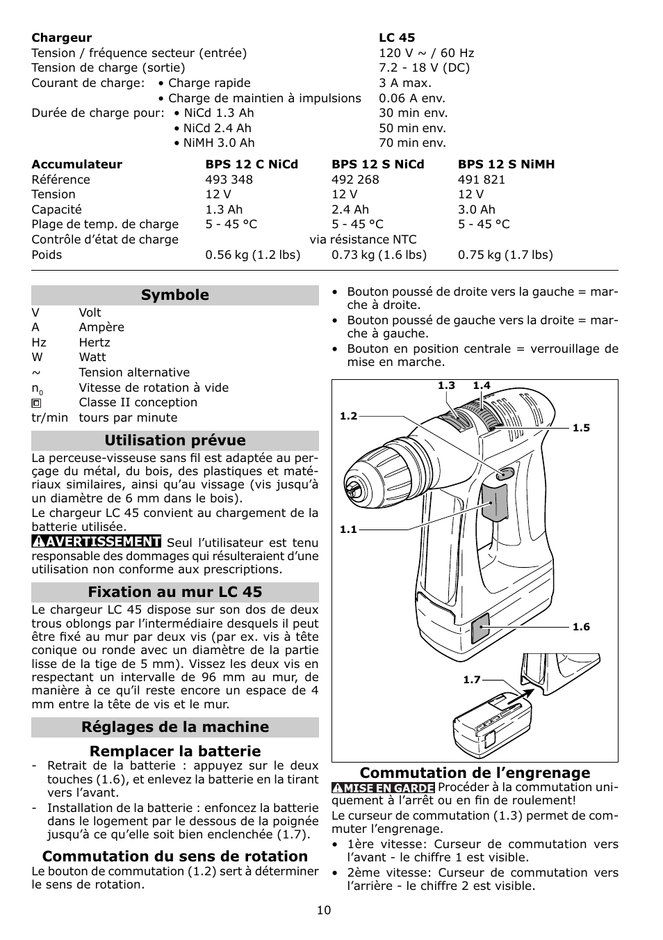 Symbole, Utilisation prévue, Fixation au mur lc 45 | Réglages de la machine remplacer la batterie, Commutation du sens de rotation, Commutation de l’engrenage | Festool C12 User Manual | Page 10 / 20