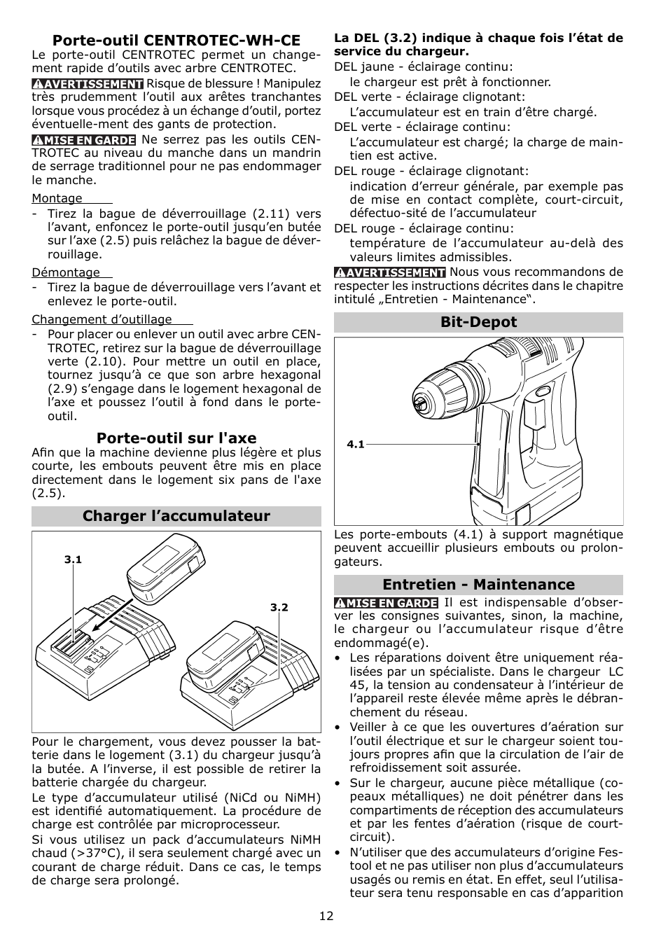 Porte-outil centrotec-wh-ce, Porte-outil sur l'axe, Charger l’accumulateur | Bit-depot, Entretien - maintenance | Festool C12 User Manual | Page 12 / 20