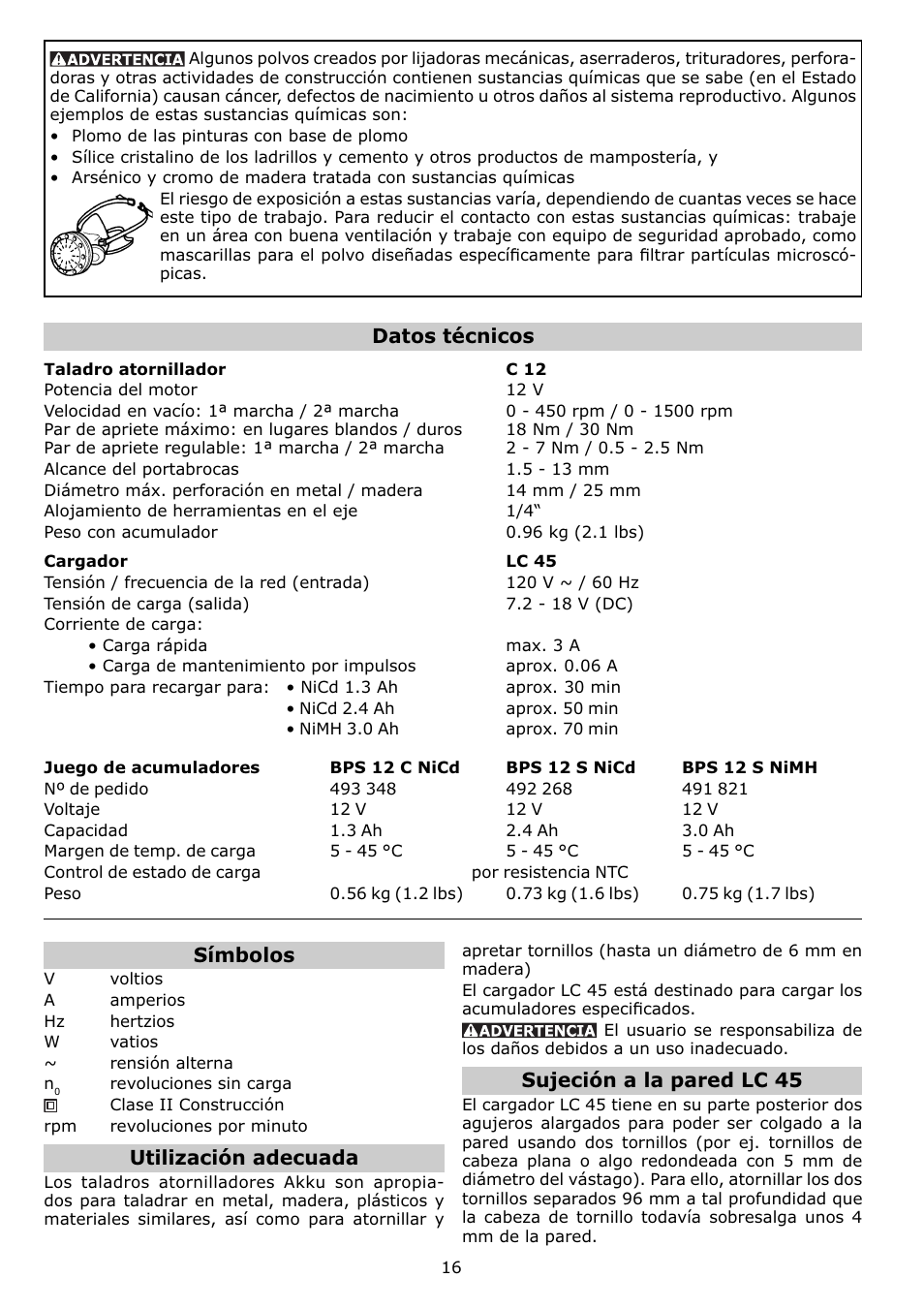 Datos técnicos, Símbolos, Utilización adecuada | Sujeción a la pared lc 45 | Festool C12 User Manual | Page 16 / 20