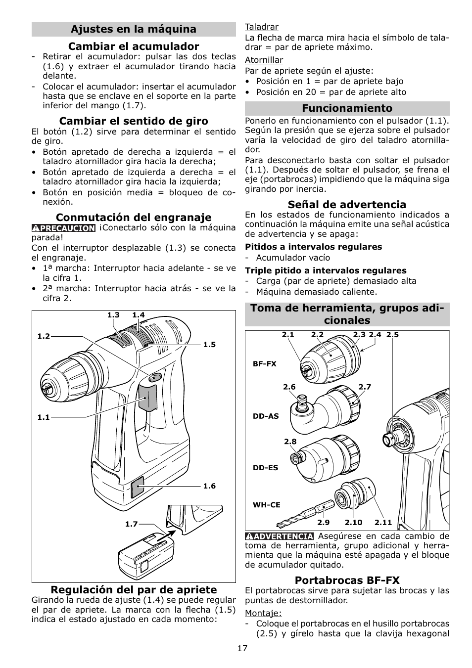 Funcionamiento, Señal de advertencia, Toma de herramienta, grupos adi- cionales | Portabrocas bf-fx, Ajustes en la máquina cambiar el acumulador, Cambiar el sentido de giro, Conmutación del engranaje, Regulación del par de apriete | Festool C12 User Manual | Page 17 / 20