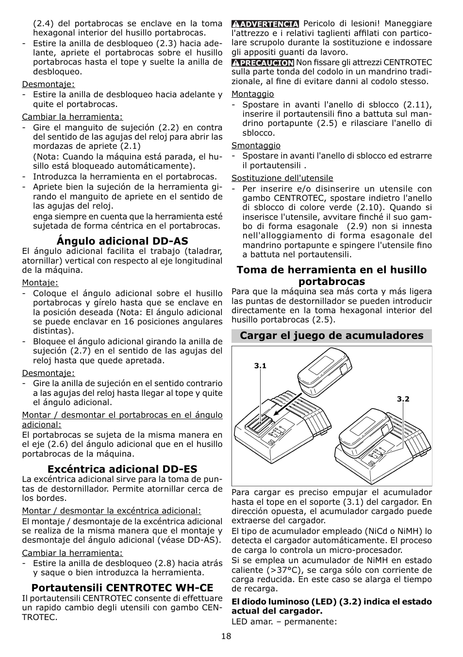 Ángulo adicional dd-as, Excéntrica adicional dd-es, Portautensili centrotec wh-ce | Toma de herramienta en el husillo portabrocas, Cargar el juego de acumuladores | Festool C12 User Manual | Page 18 / 20