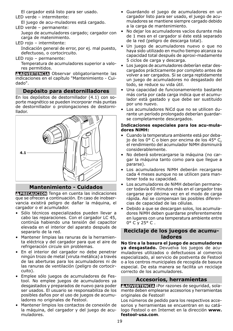 Depósito para destornilladores, Mantenimiento - cuidados, Reciclaje de los juegos de acumu- ladores | Accesorios, herramientas | Festool C12 User Manual | Page 19 / 20