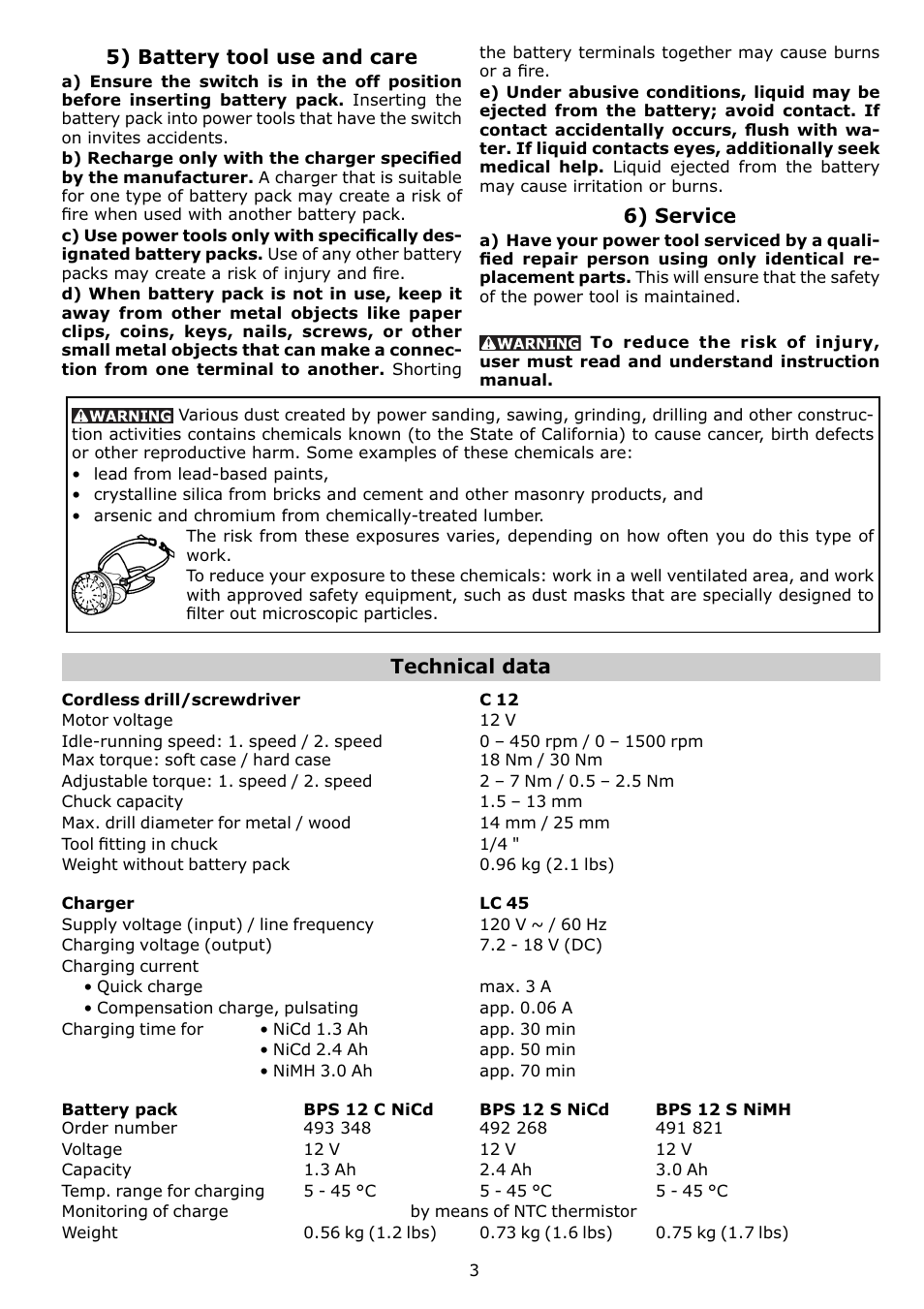 Technical data, 5) battery tool use and care, 6) service | Festool C12 User Manual | Page 3 / 20