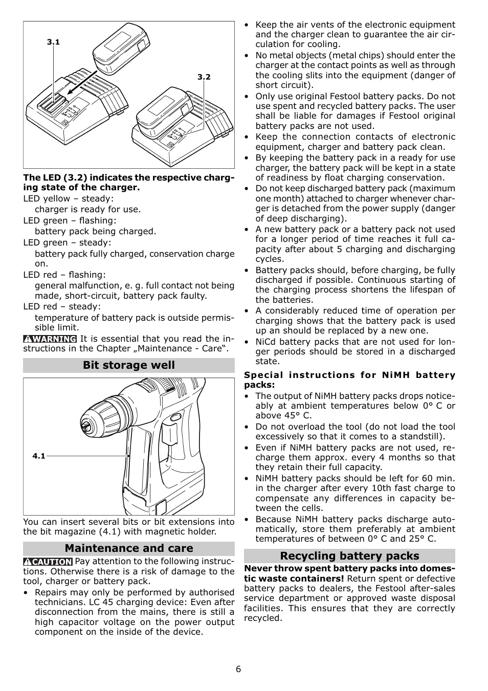 Bit storage well, Maintenance and care, Recycling battery packs | Festool C12 User Manual | Page 6 / 20