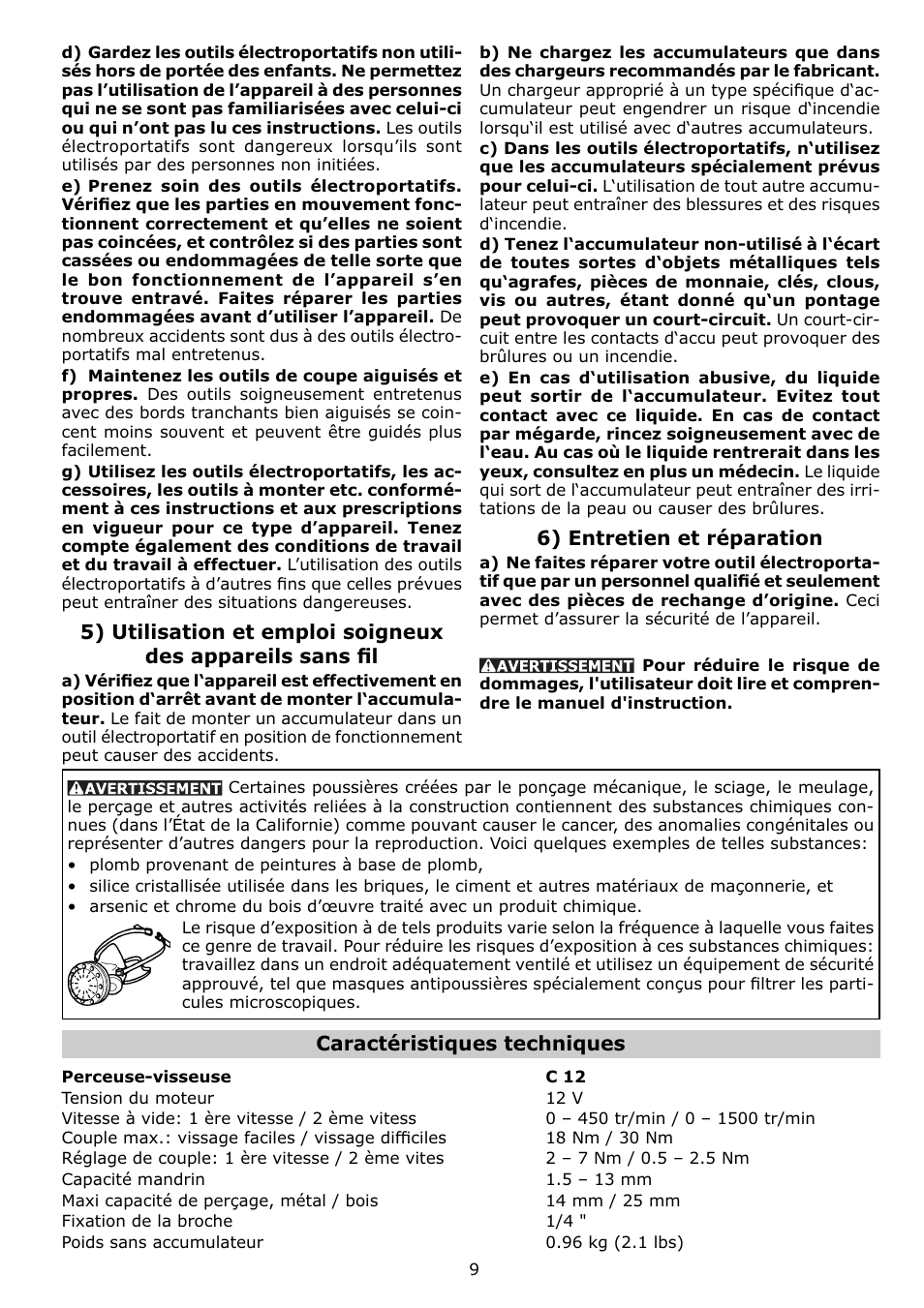 Caractéristiques techniques, 6) entretien et réparation | Festool C12 User Manual | Page 9 / 20