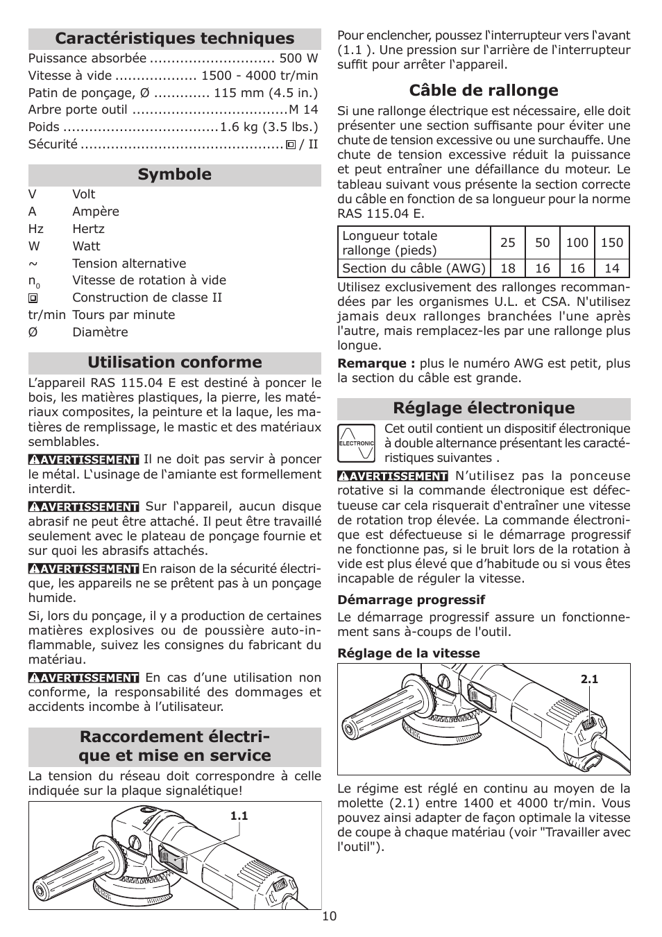 Caractéristiques techniques, Symbole, Utilisation conforme | Raccordement électri- que et mise en service, Câble de rallonge, Réglage électronique | Festool RAS 115.04 E User Manual | Page 10 / 20