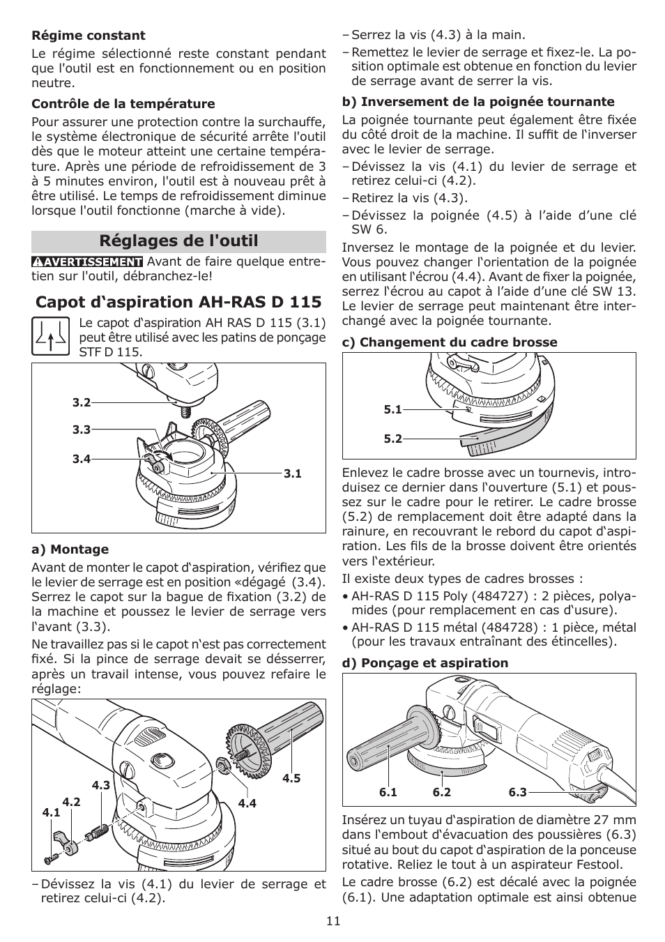 Réglages de l'outil, Capot d‘aspiration ah-ras d 115 | Festool RAS 115.04 E User Manual | Page 11 / 20