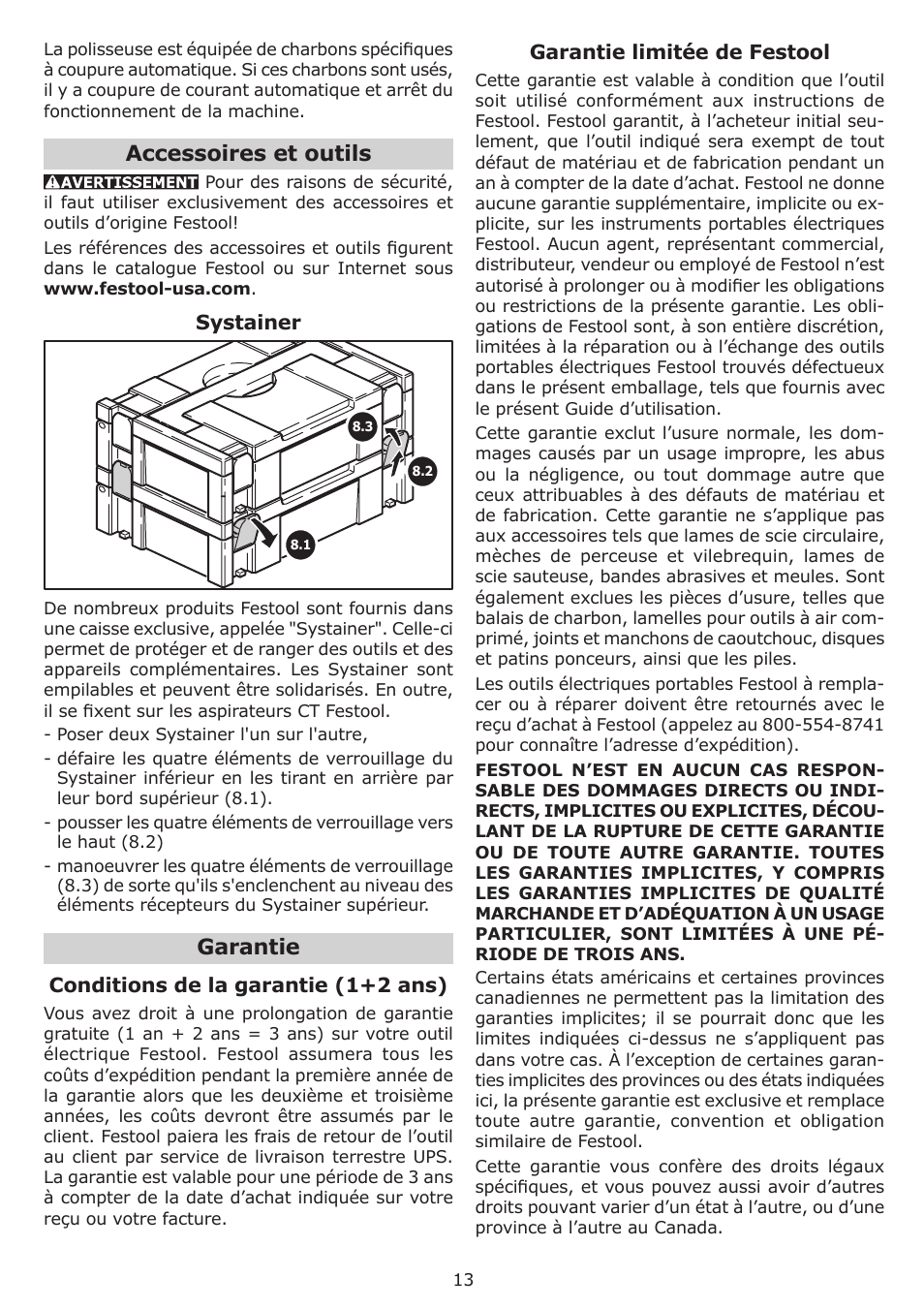 Accessoires et outils, Garantie | Festool RAS 115.04 E User Manual | Page 13 / 20