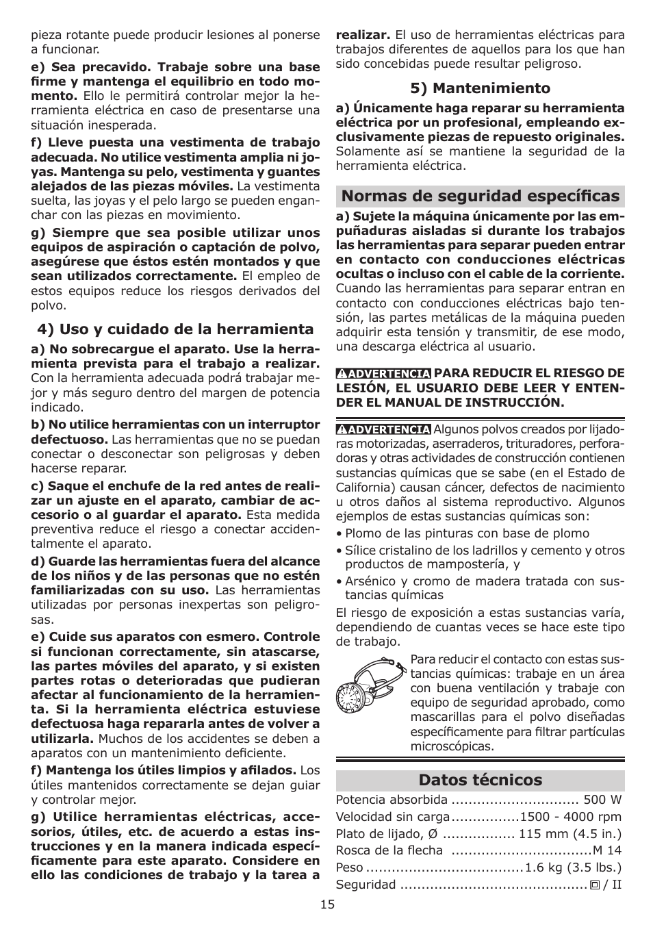 Normas de seguridad específi cas, Datos técnicos | Festool RAS 115.04 E User Manual | Page 15 / 20