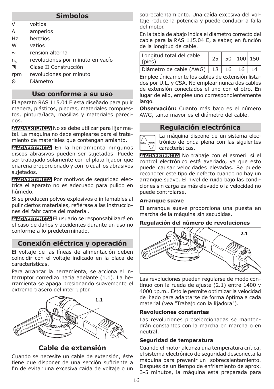Símbolos, Uso conforme a su uso, Conexión eléctrica y operación | Cable de extensión, Regulación electrónica | Festool RAS 115.04 E User Manual | Page 16 / 20