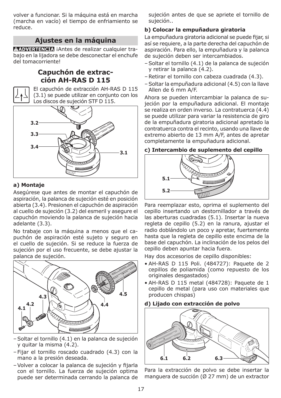 Ajustes en la máquina, Capuchón de extrac- ción ah-ras d 115 | Festool RAS 115.04 E User Manual | Page 17 / 20