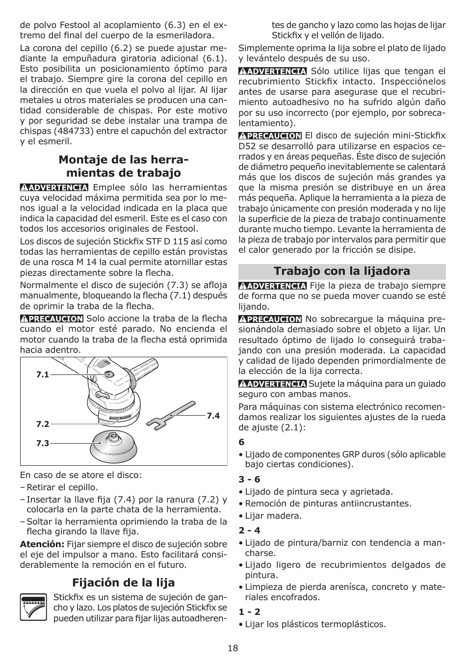 Montaje de las herra- mientas de trabajo, Fijación de la lija, Trabajo con la lijadora | Festool RAS 115.04 E User Manual | Page 18 / 20