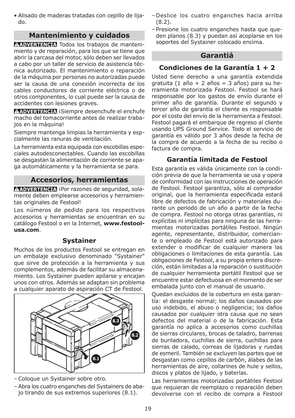 Mantenimiento y cuidados, Accesorios, herramientas, Garantiá | Festool RAS 115.04 E User Manual | Page 19 / 20