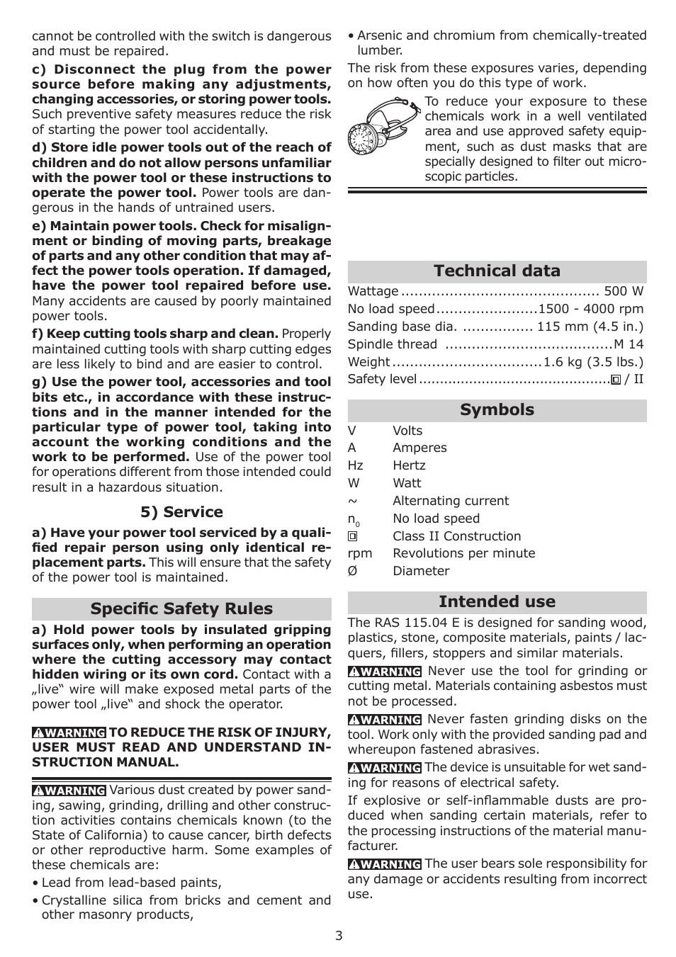 Technical data, Symbols, Intended use | Specifi c safety rules | Festool RAS 115.04 E User Manual | Page 3 / 20