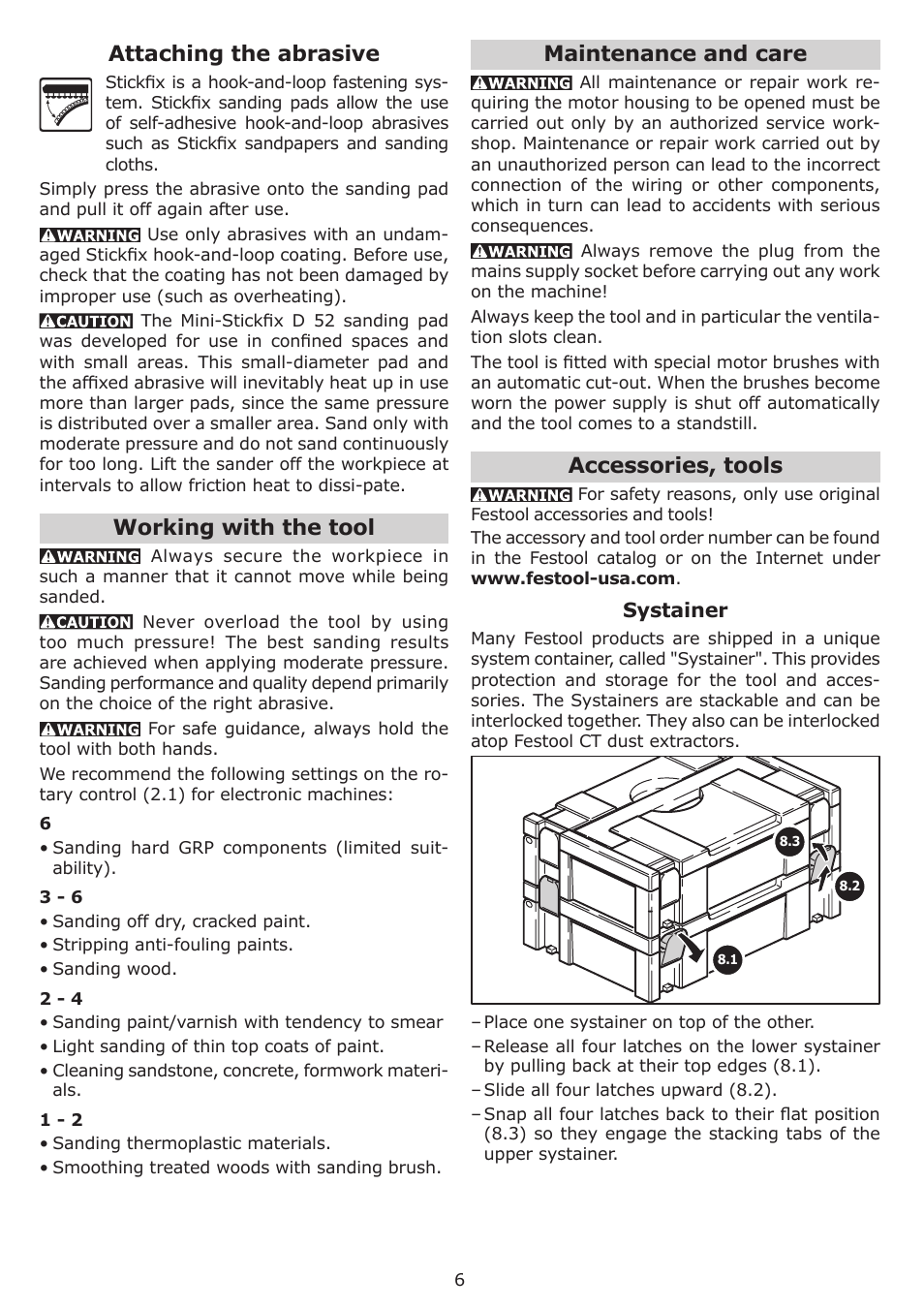 Attaching the abrasive, Working with the tool, Maintenance and care | Accessories, tools | Festool RAS 115.04 E User Manual | Page 6 / 20