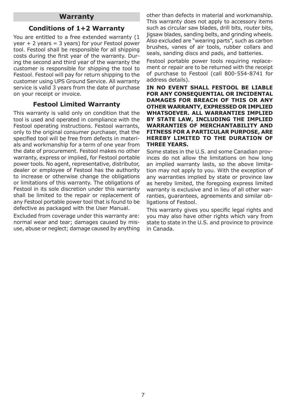 Warranty | Festool RAS 115.04 E User Manual | Page 7 / 20