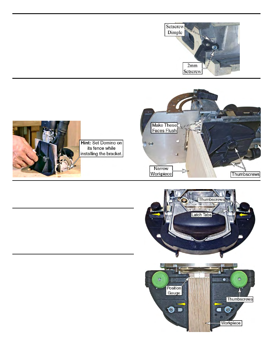 Disabling/retracting the edge stop dogs, Using the base support bracket, Using the optional narrow frame fence | Festool Domino DF 500 User Manual | Page 12 / 26