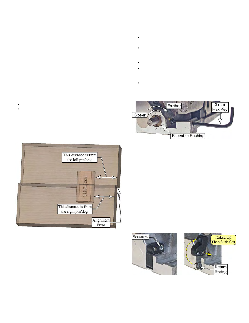 Calibrating the locating pins or edge stop dogs, Adjusting the locating pin, Removing and adjusting the edge stop dogs | Calibrating the locating pins or edge stop dogs 21, Removing and adjusting the edge stop dogs. 21 | Festool Domino DF 500 User Manual | Page 21 / 26