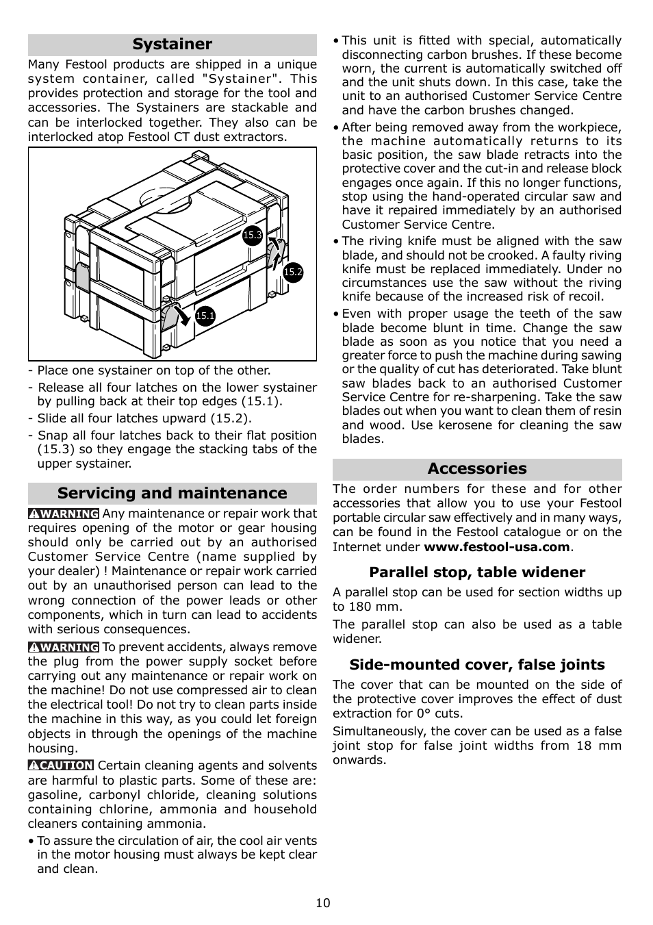 Systainer, Servicing and maintenance, Accessories | Festool TS 75 EQ User Manual | Page 10 / 40