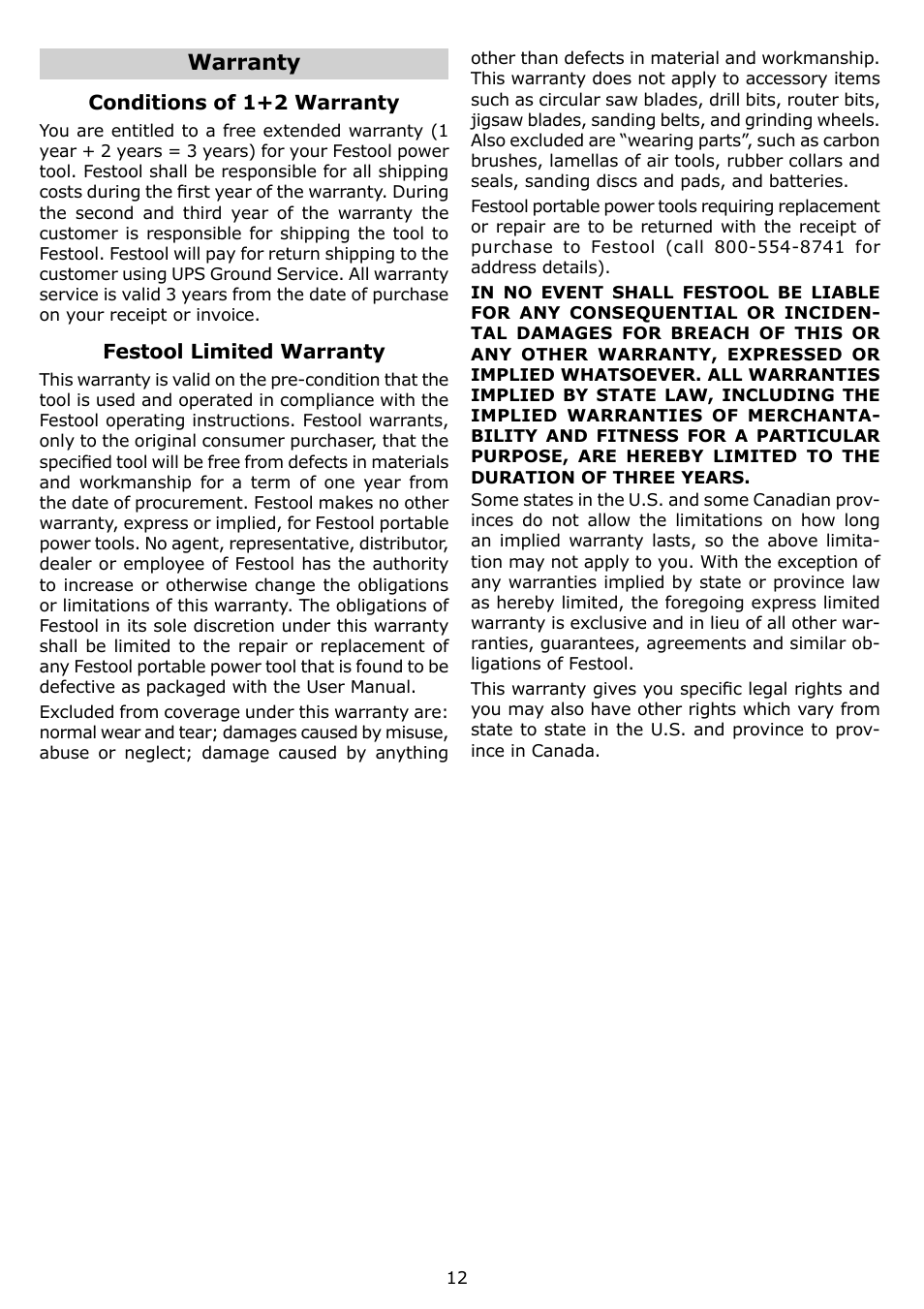 Warranty | Festool TS 75 EQ User Manual | Page 12 / 40
