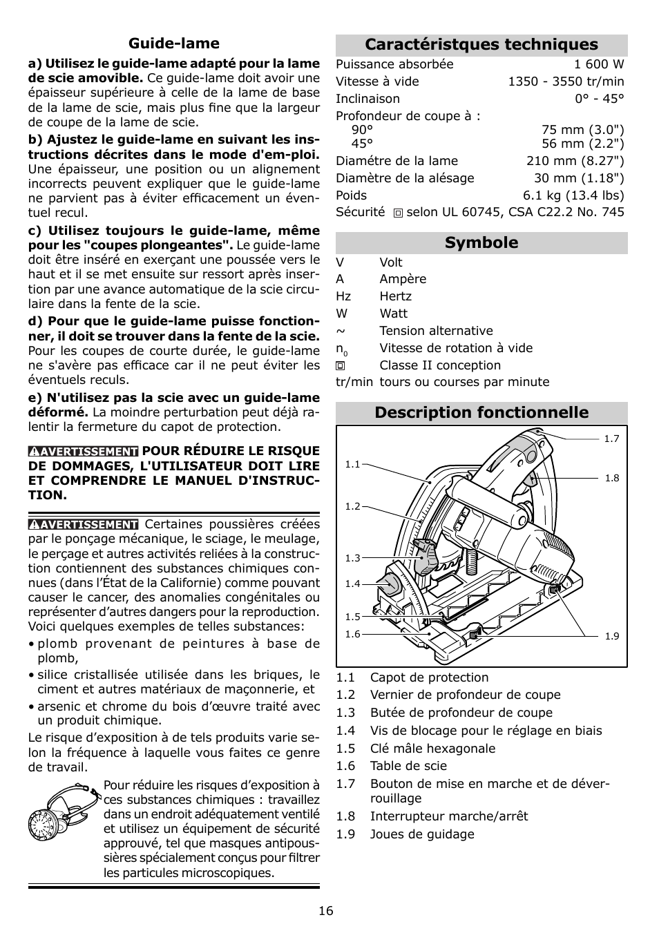 Caractéristques techniques, Symbole, Description fonctionnelle | Festool TS 75 EQ User Manual | Page 16 / 40