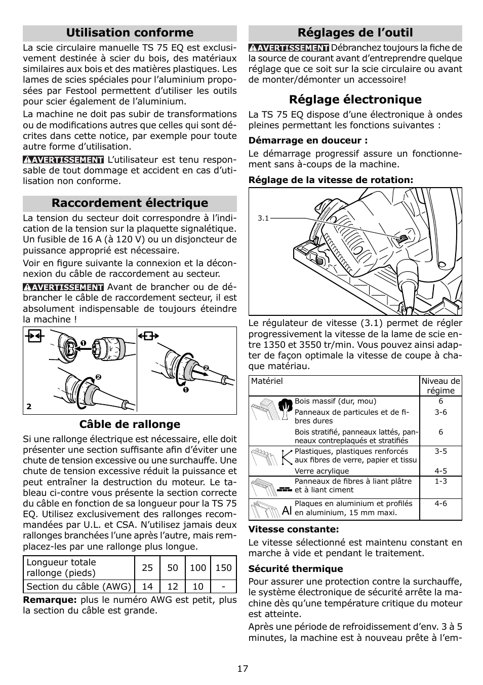 Utilisation conforme, Raccordement électrique, Réglages de l’outil | Réglage électronique | Festool TS 75 EQ User Manual | Page 17 / 40