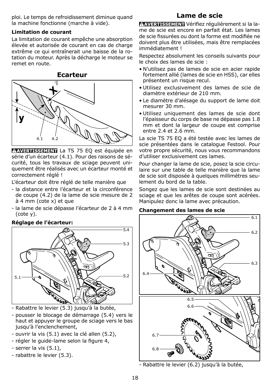 Ecarteur, Lame de scie | Festool TS 75 EQ User Manual | Page 18 / 40