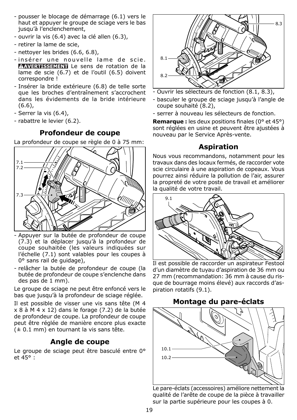 Profondeur de coupe, Angle de coupe, Aspiration | Montage du pare-éclats | Festool TS 75 EQ User Manual | Page 19 / 40
