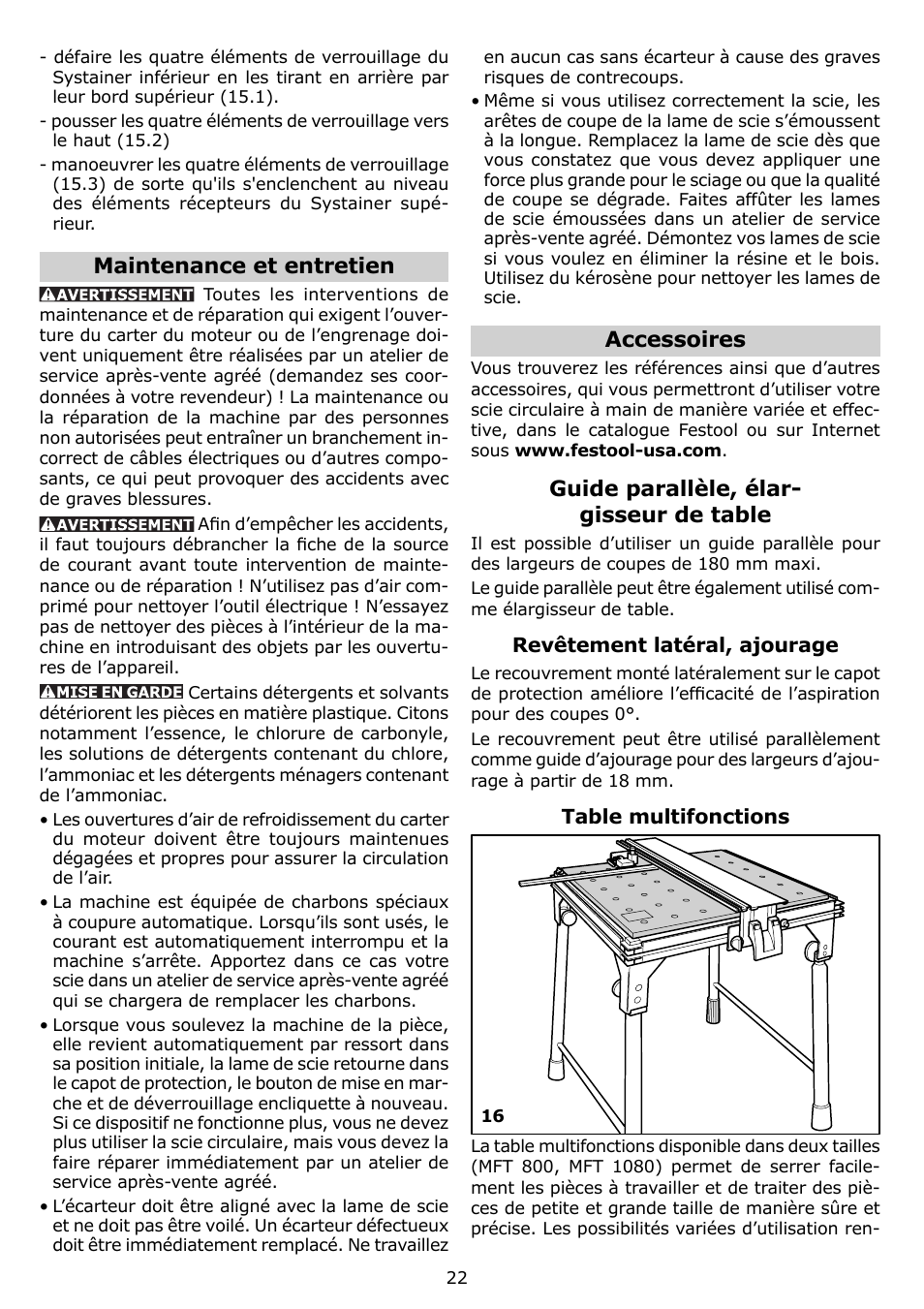 Maintenance et entretien, Accessoires, Guide parallèle, élar- gisseur de table | Festool TS 75 EQ User Manual | Page 22 / 40