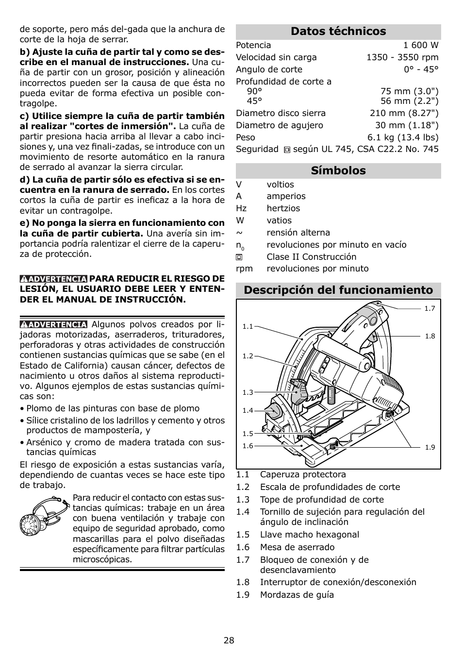 Datos téchnicos, Símbolos, Descripción del funcionamiento | Festool TS 75 EQ User Manual | Page 28 / 40