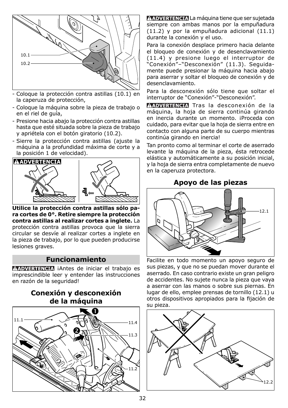 Funcionamiento, Conexión y desconexión de la máquina, Apoyo de las piezas | Festool TS 75 EQ User Manual | Page 32 / 40