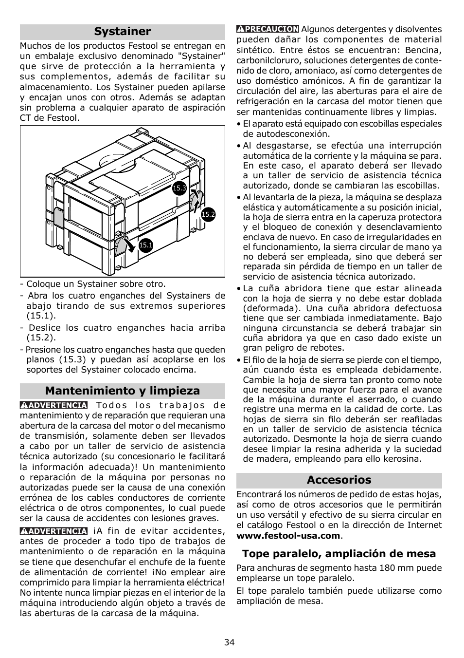 Systainer, Mantenimiento y limpieza, Accesorios | Festool TS 75 EQ User Manual | Page 34 / 40