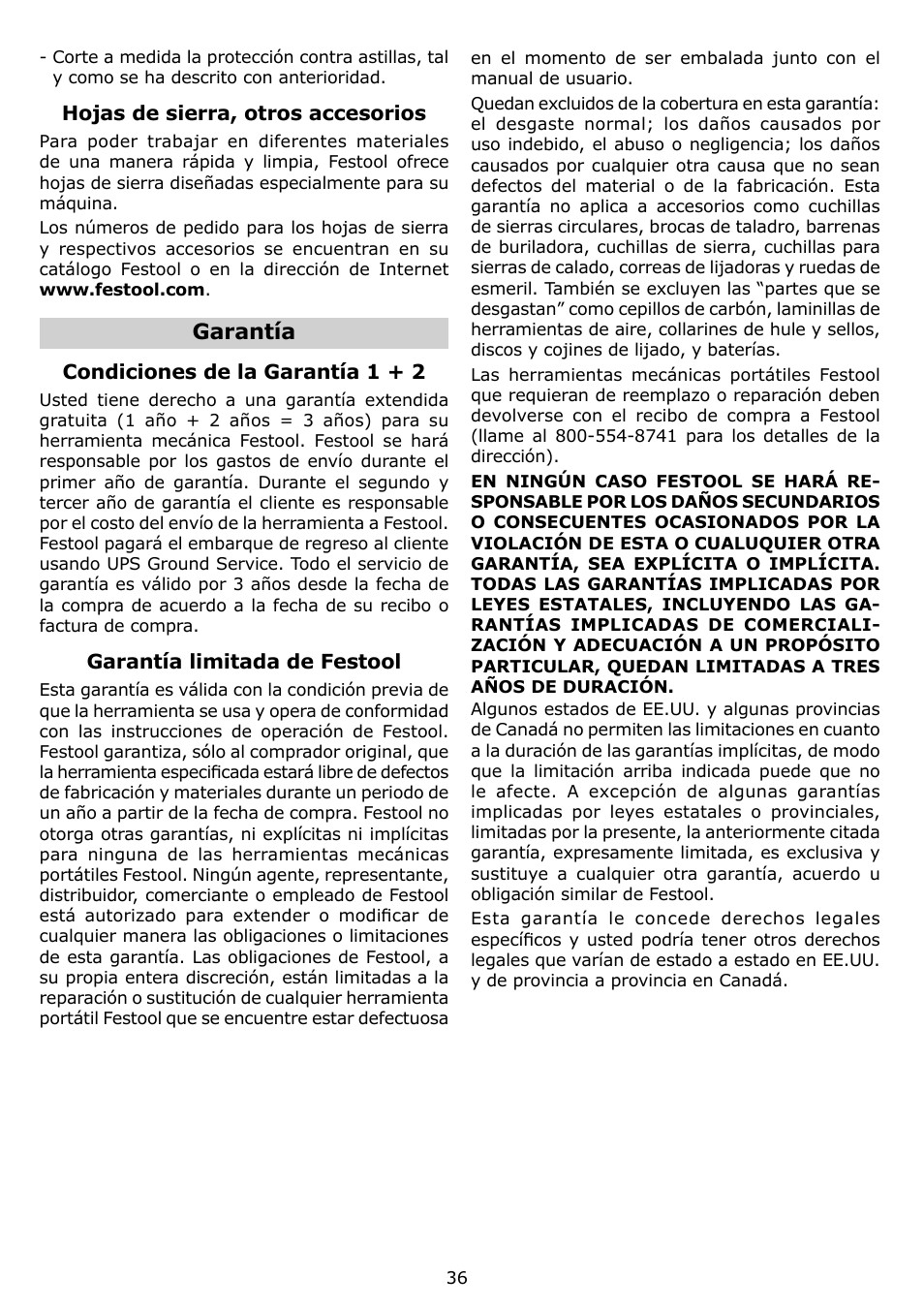 Garantía | Festool TS 75 EQ User Manual | Page 36 / 40