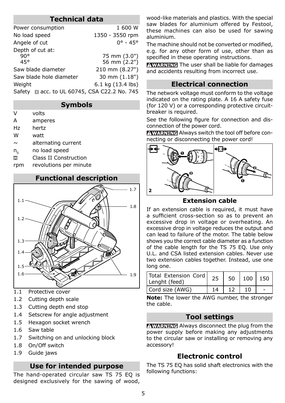 Technical data, Symbols, Functional description | Use for intended purpose, Electrical connection, Tool settings, Electronic control | Festool TS 75 EQ User Manual | Page 5 / 40