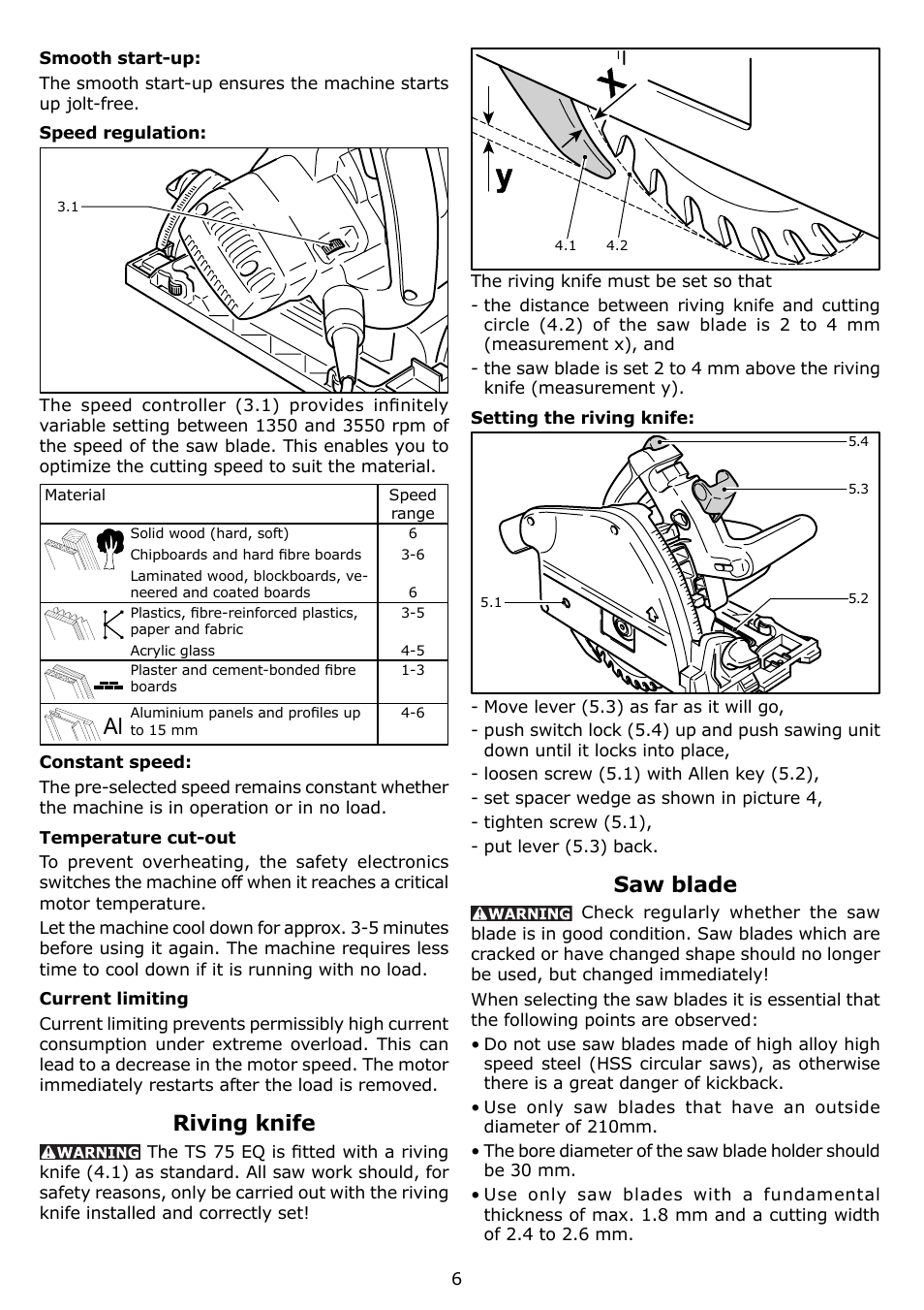 Riving knife, Saw blade | Festool TS 75 EQ User Manual | Page 6 / 40