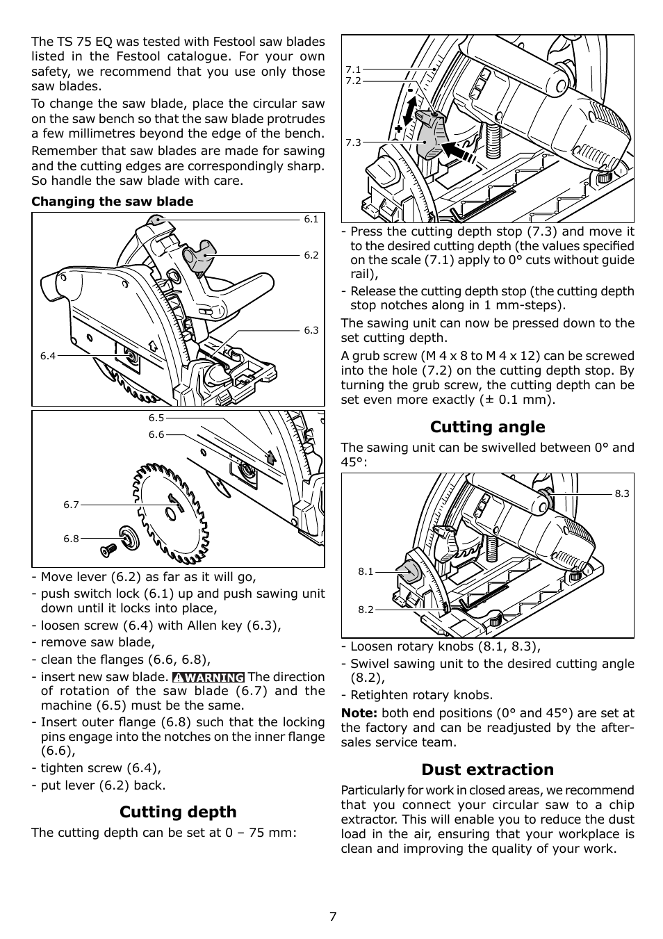 Cutting depth, Cutting angle, Dust extraction | Festool TS 75 EQ User Manual | Page 7 / 40