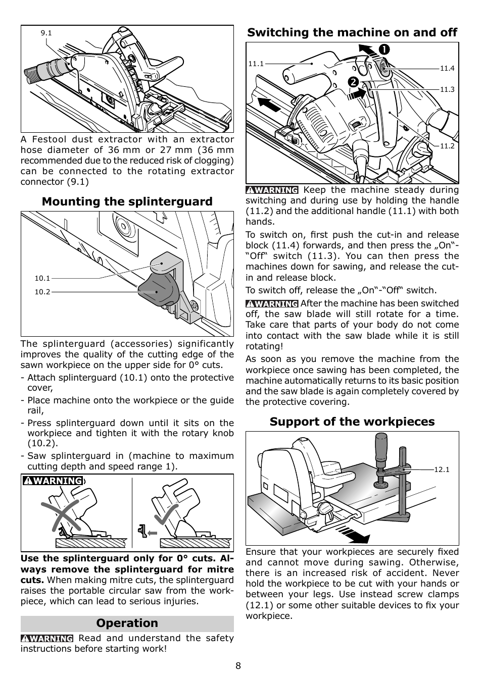 Mounting the splinterguard, Operation, Switching the machine on and off | Support of the workpieces | Festool TS 75 EQ User Manual | Page 8 / 40