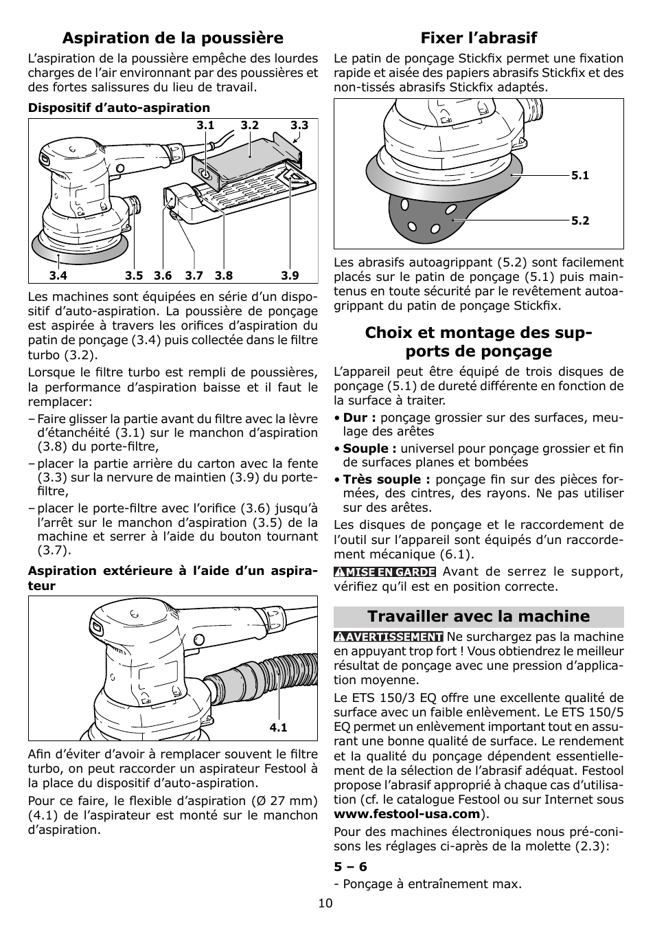 Aspiration de la poussière, Fixer l’abrasif, Choix et montage des sup- ports de ponçage | Travailler avec la machine | Festool ETS 150 EQ User Manual | Page 10 / 20