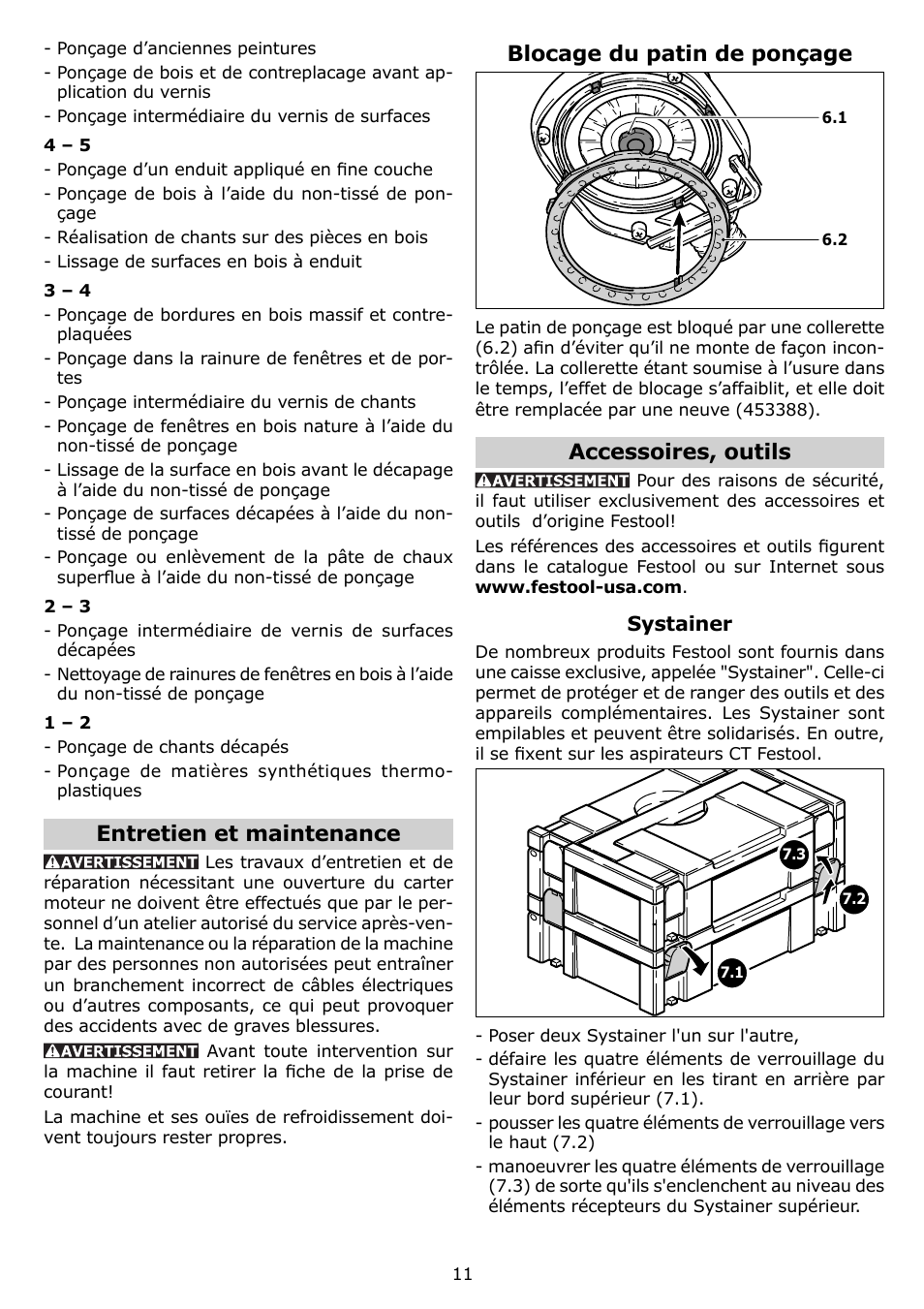 Entretien et maintenance, Blocage du patin de ponçage, Accessoires, outils | Festool ETS 150 EQ User Manual | Page 11 / 20