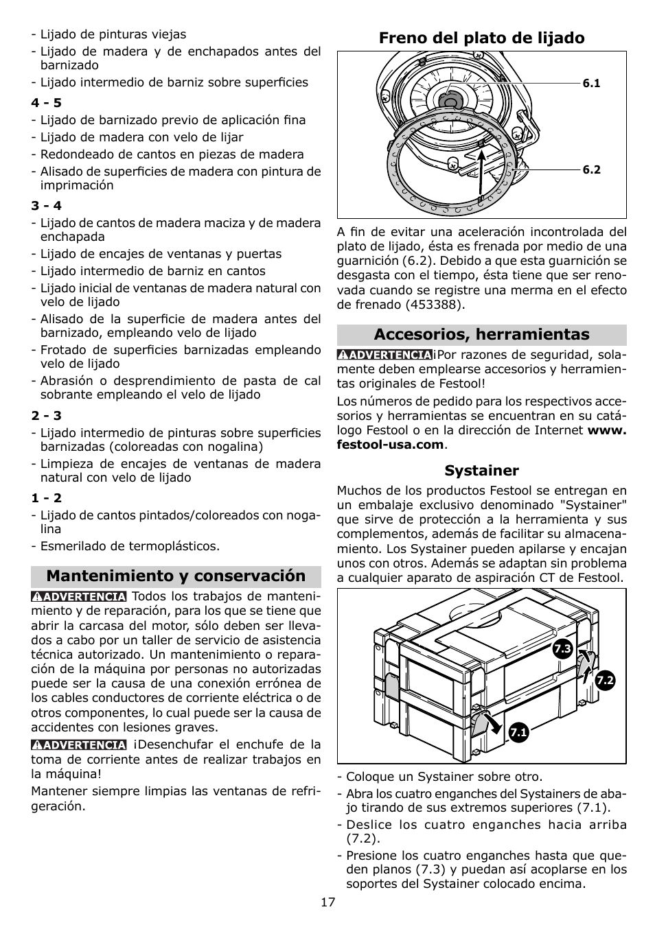 Mantenimiento y conservación, Freno del plato de lijado, Accesorios, herramientas | Festool ETS 150 EQ User Manual | Page 17 / 20