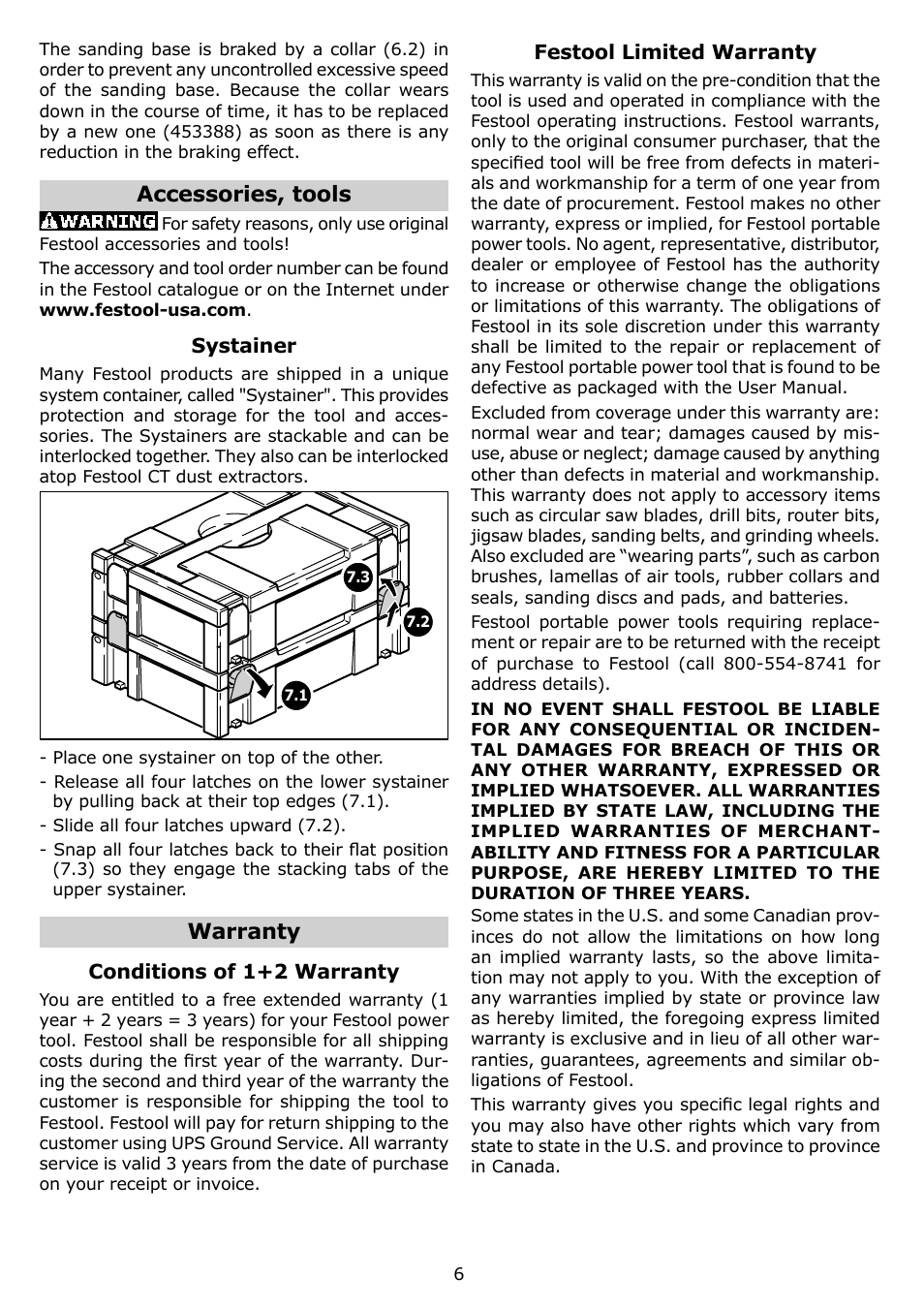 Accessories, tools, Warranty | Festool ETS 150 EQ User Manual | Page 6 / 20