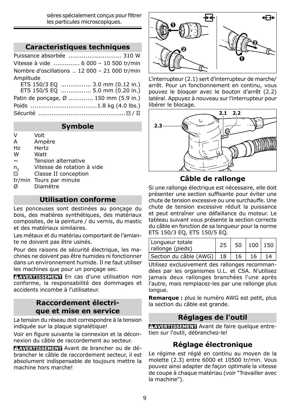 Câble de rallonge, Réglages de l'outil, Réglage électronique | Caracteristiques techniques, Symbole, Utilisation conforme, Raccordement électri- que et mise en service | Festool ETS 150 EQ User Manual | Page 9 / 20