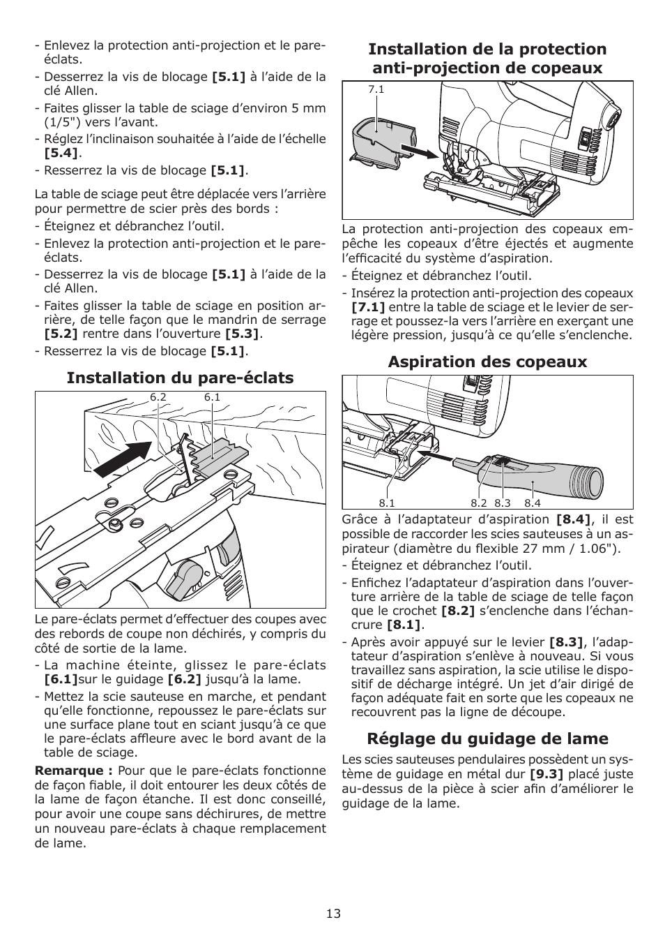 Installation du pare-éclats, Aspiration des copeaux, Réglage du guidage de lame | Festool Trion PS 300 EQ User Manual | Page 13 / 24