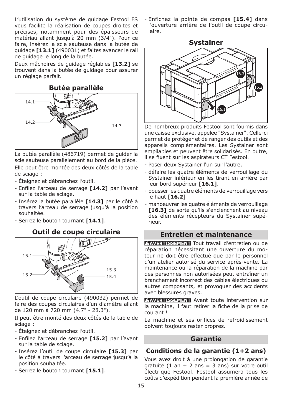 Butée parallèle, Outil de coupe circulaire, Systainer | Entretien et maintenance, Garantie | Festool Trion PS 300 EQ User Manual | Page 15 / 24