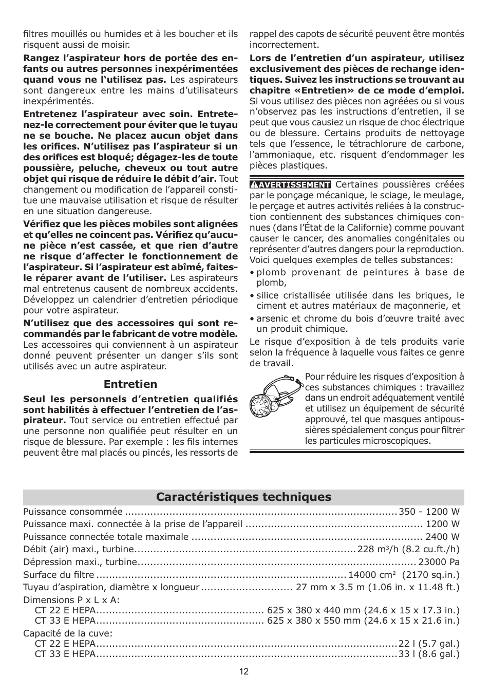 Caractéristiques techniques | Festool CT 33 E HEPA User Manual | Page 12 / 26