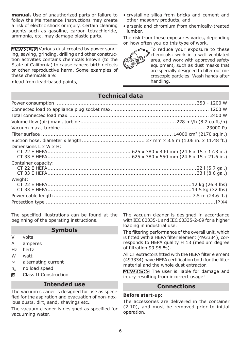 Symbols, Intended use, Connections | Technical data | Festool CT 33 E HEPA User Manual | Page 6 / 26