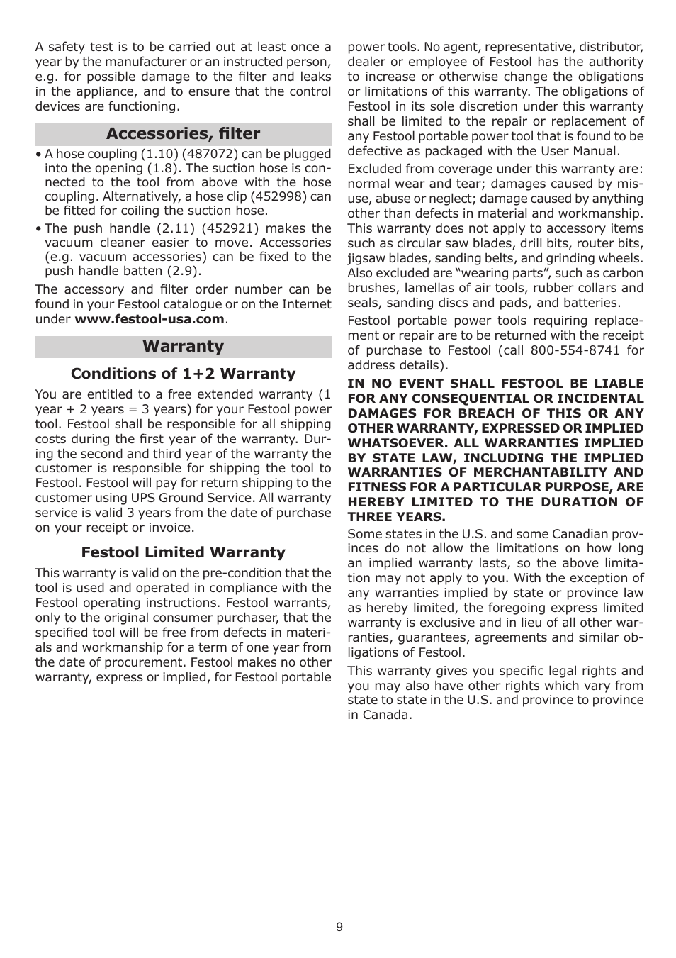 Accessories, ﬁ lter, Warranty | Festool CT 33 E HEPA User Manual | Page 9 / 26