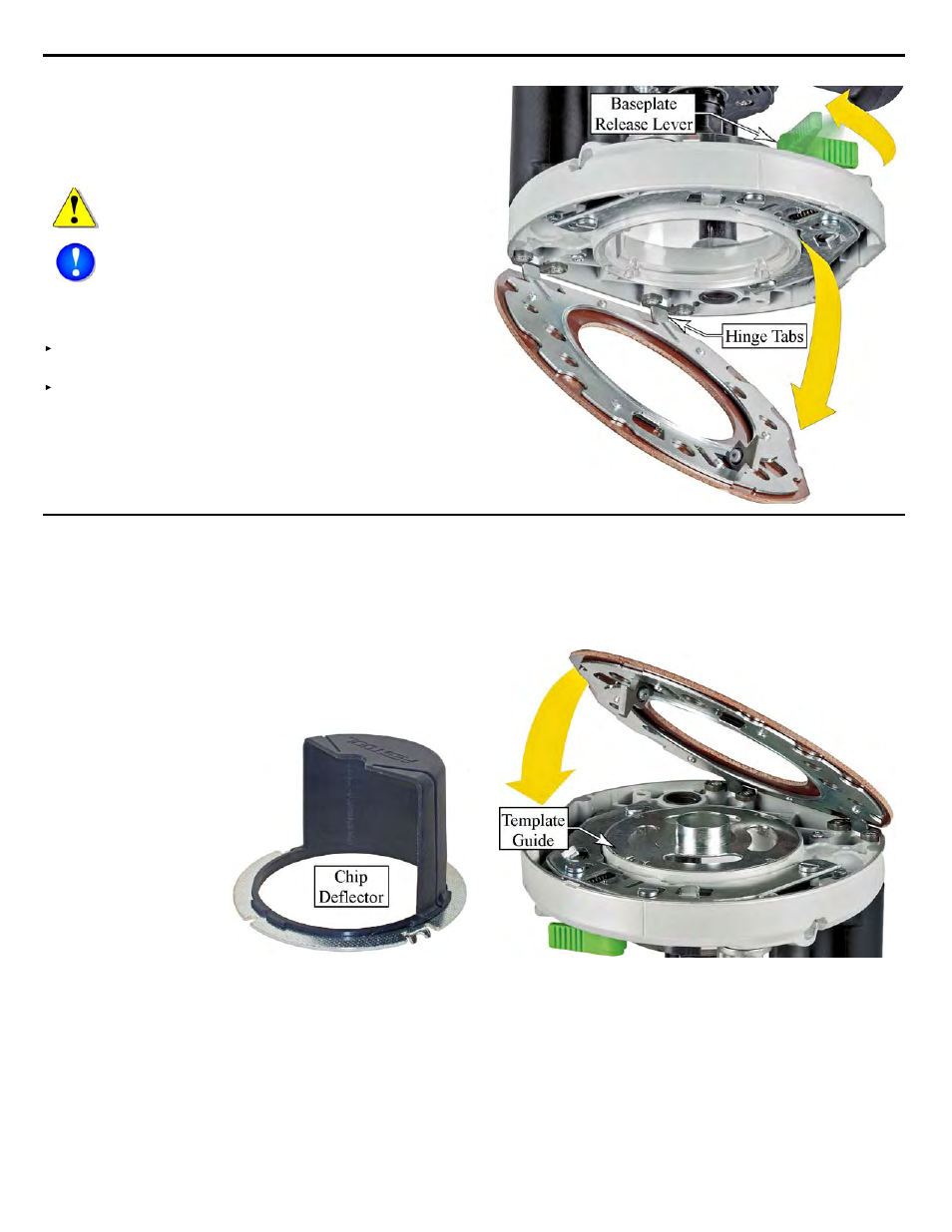 Changing baseplates, Installing template guides and chip deflector, Installing template guides | Secti | Festool Plunge OF 2200 EB User Manual | Page 11 / 24